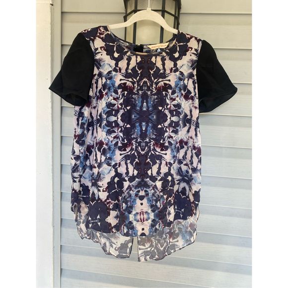 Rebecca Taylor Blue black Abstract Printed Short Sleeve Silk Blouse Sz 4 MP $200 - Picture 4 of 12